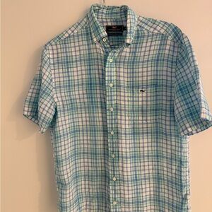 Vineyard Vines Aqua and White Plaid Shirt